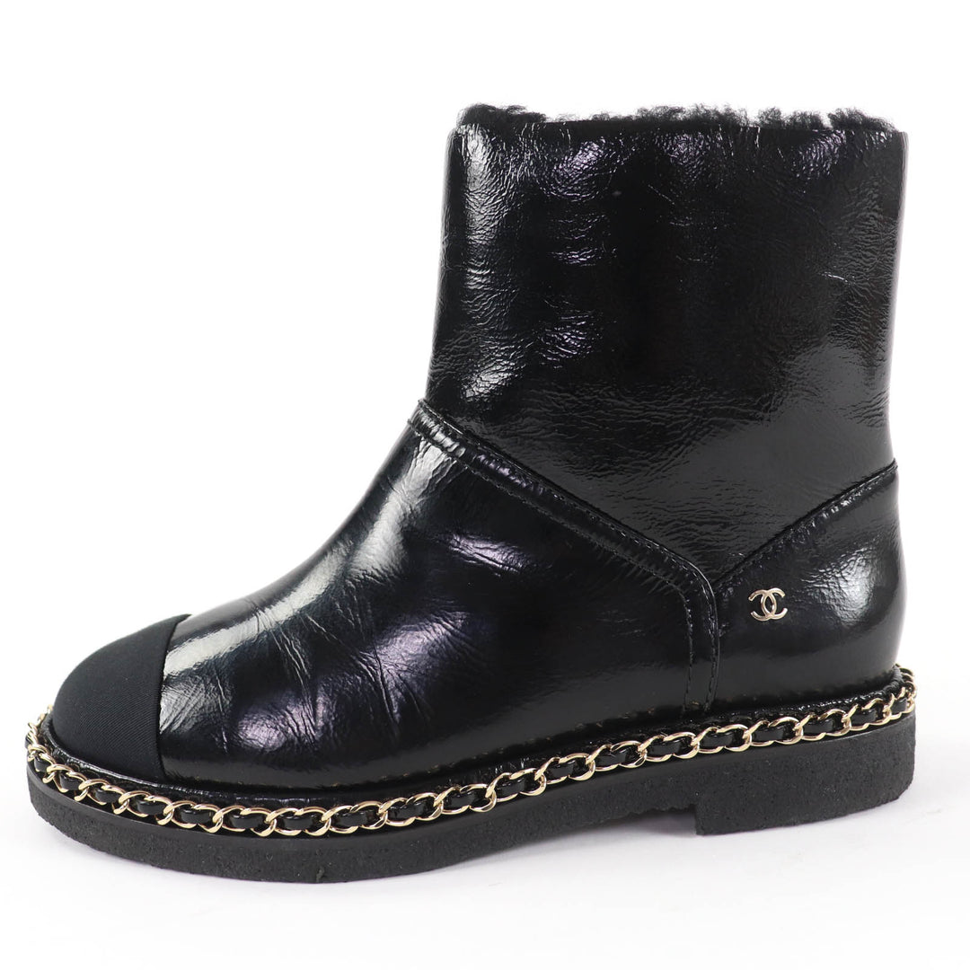 Excellent CHANEL short boots COCO Mark Boa Leather black leather Women 36 G34113