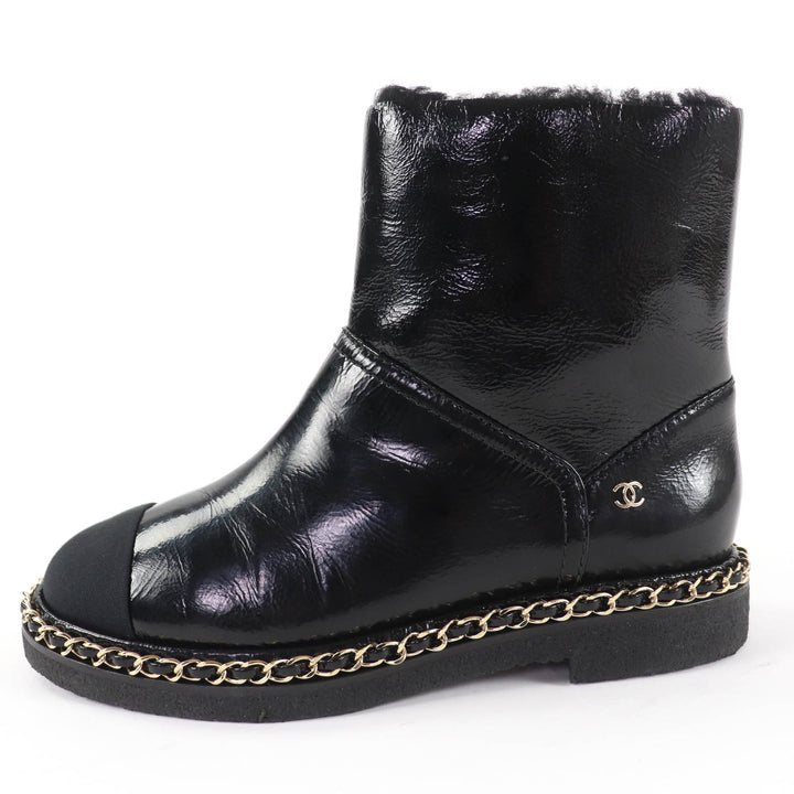 Excellent CHANEL short boots COCO Mark Boa Leather black leather Women 36 G34113