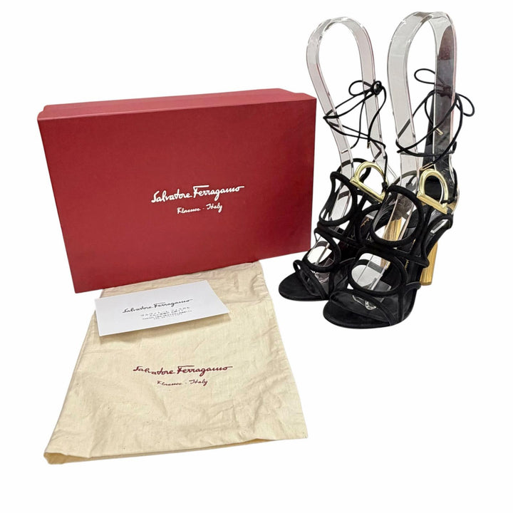 Pristine Salvatore Ferragamo Sandals VINCI X5 Gancini Suede Strap black Women 6