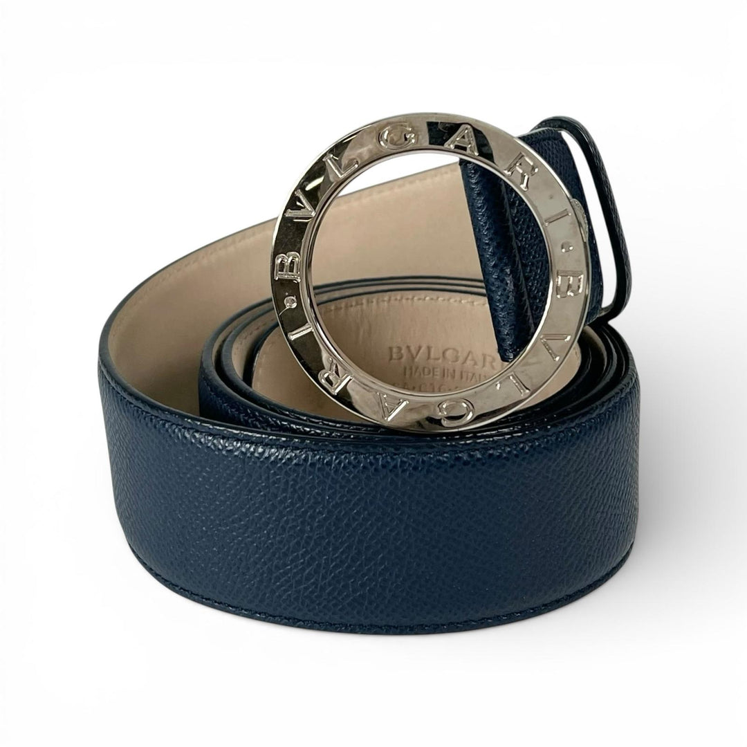 Great BVLGARI belt Bulgari Bulgari Man Navy leather mens 44 39546