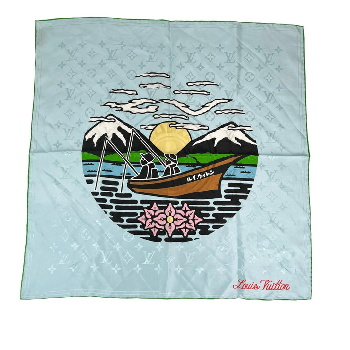 Excellent LOUIS VUITTON scarf Bandana LV City Stamp multicolor silk Women M96939