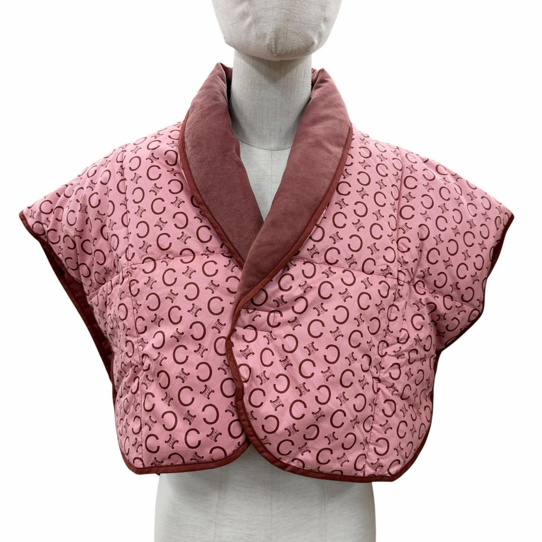 Pristine CELINE Down vest Macadam Pattern Feather Shoulder Pad pink down Women