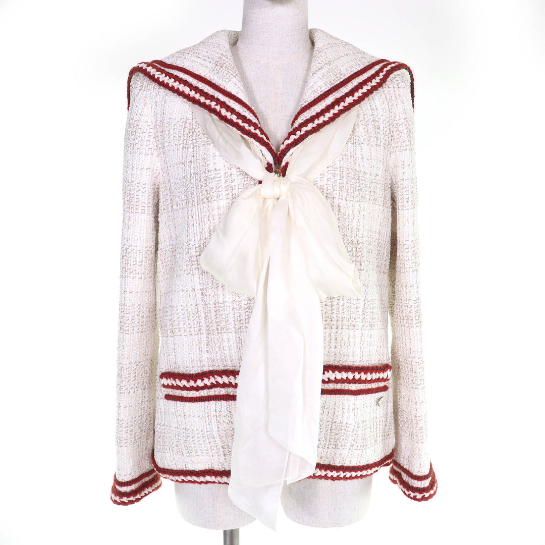 Excellent CHANEL Jacket COCO Mark Sailor Collar Tweed with Ribbon 38 P59019