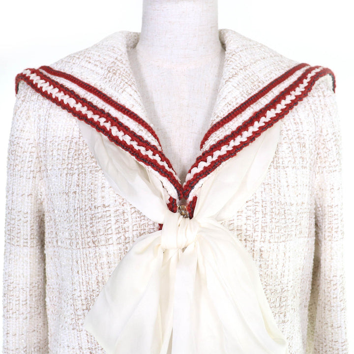 Excellent CHANEL Jacket COCO Mark Sailor Collar Tweed with Ribbon 38 P59019