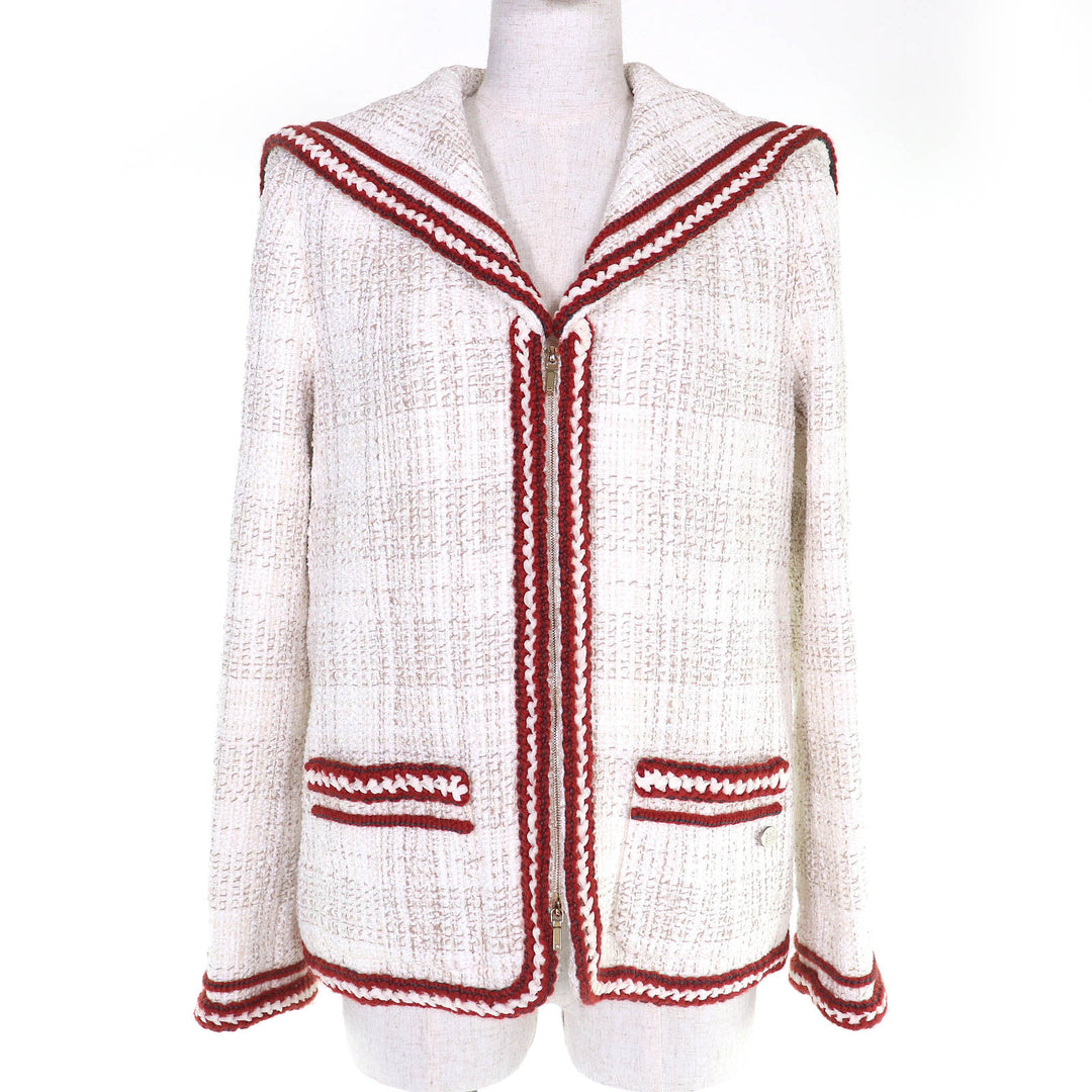 Excellent CHANEL Jacket COCO Mark Sailor Collar Tweed with Ribbon 38 P59019