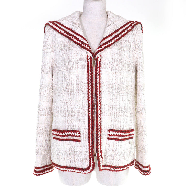 Excellent CHANEL Jacket COCO Mark Sailor Collar Tweed with Ribbon 38 P59019