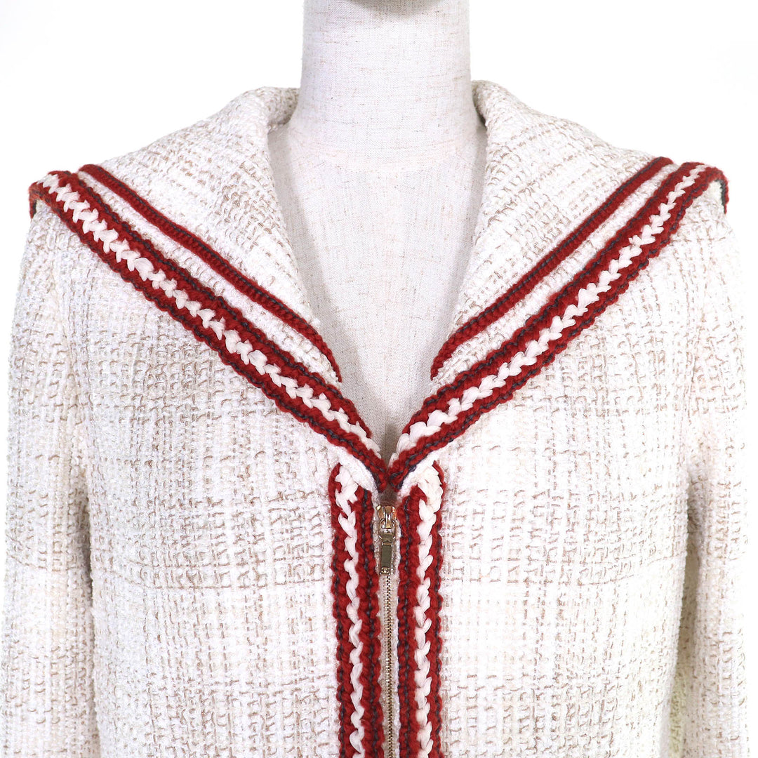 Excellent CHANEL Jacket COCO Mark Sailor Collar Tweed with Ribbon 38 P59019