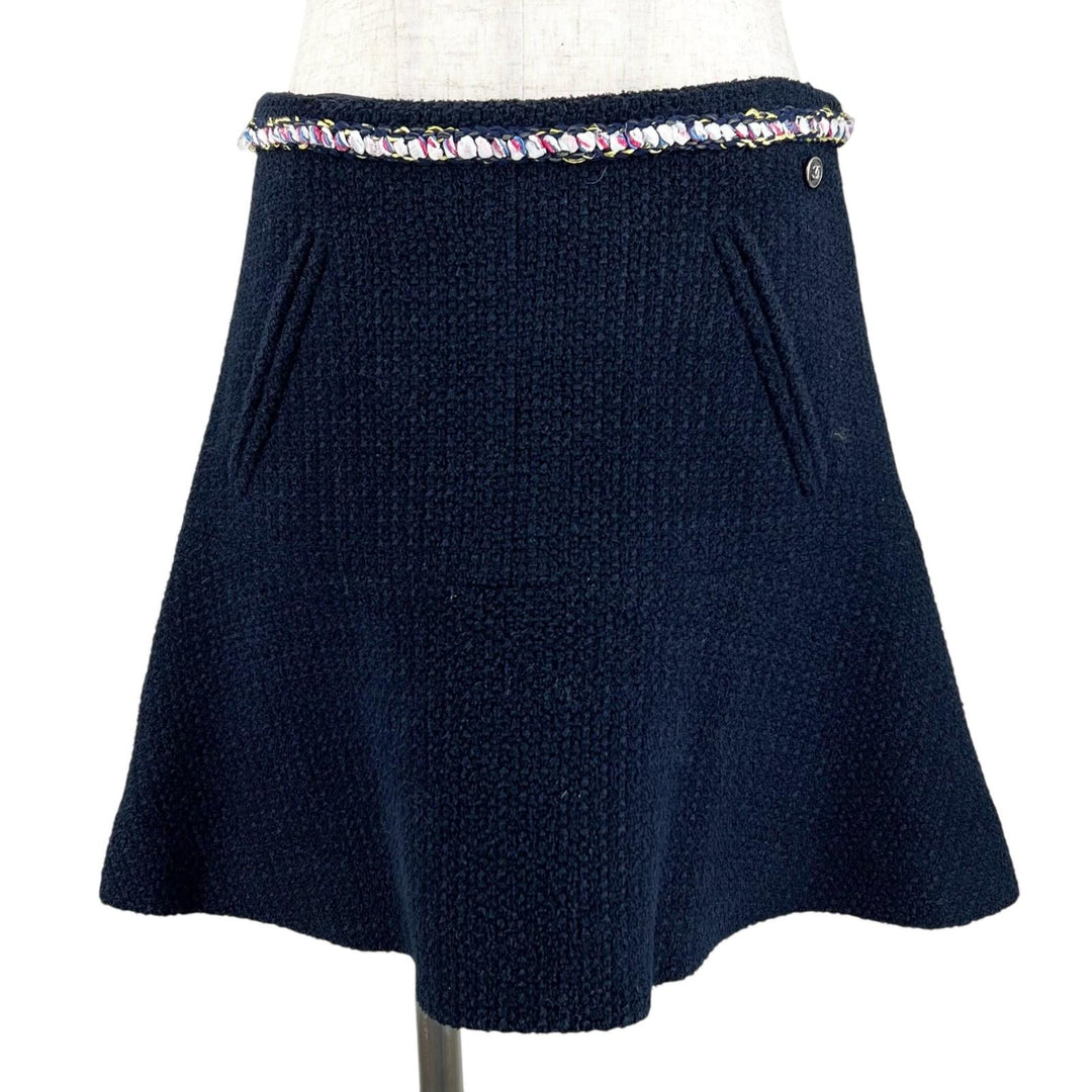 Excellent CHANEL Tweed skirt COCO Mark Dark navy cotton Women 38 P70083