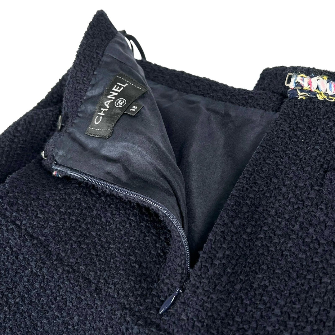 Excellent CHANEL Tweed skirt COCO Mark Dark navy cotton Women 38 P70083