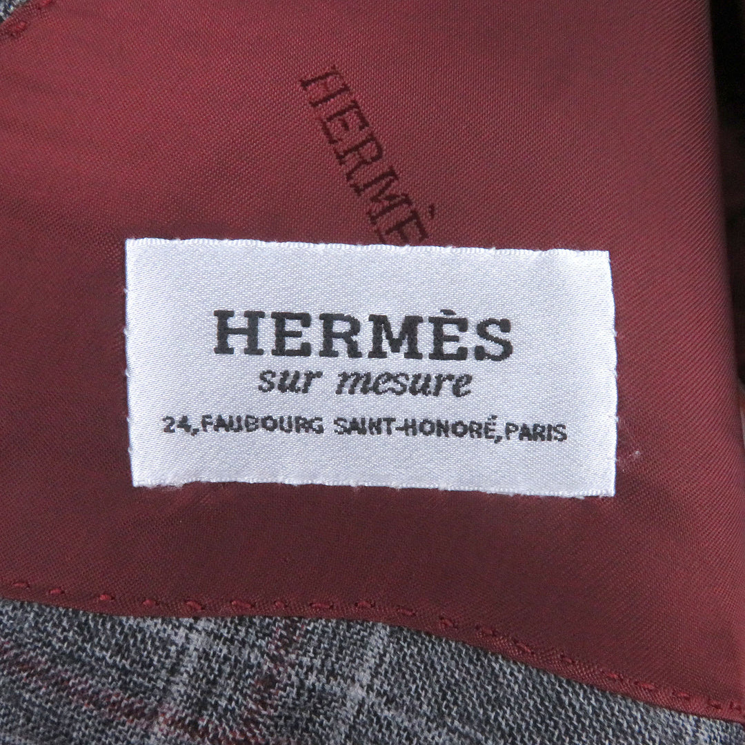 HERMES スーツ オーダーメイド シングル チェック柄 グレー ウール メンズ