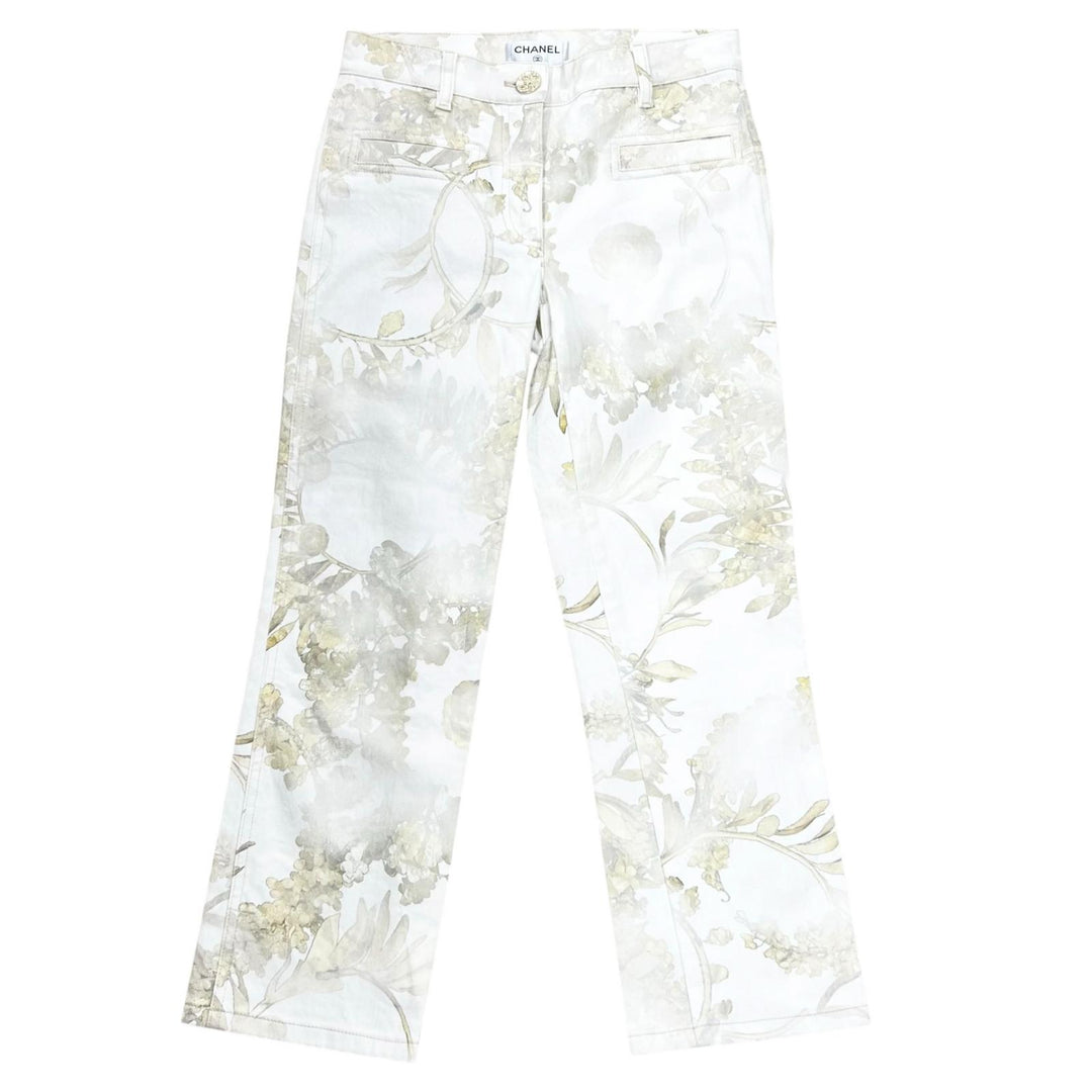 Excellent CHANEL Pants Logo buttons, botanical print multicolor cotton P57940