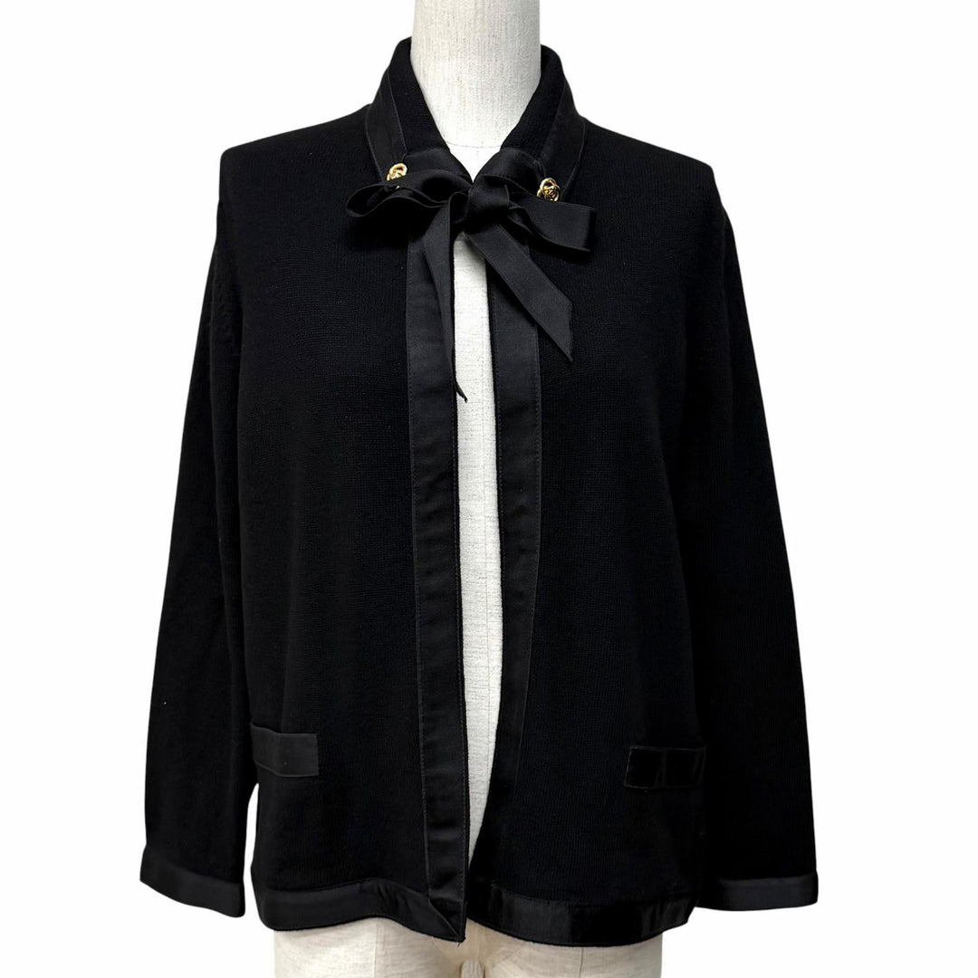 Great CHANEL cardigan COCO Mark embroidered knit with ribbon black cashmere