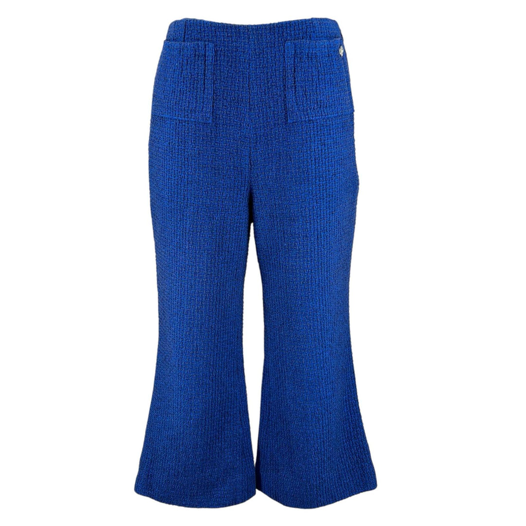 Excellent CHANEL Pants COCO Mark Tweed Flare blue cotton Women 34 P70598