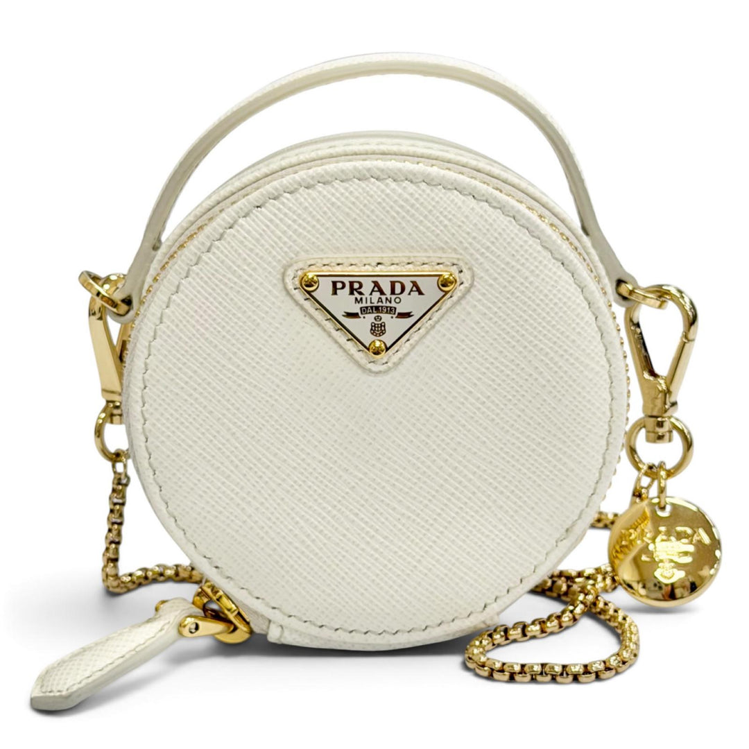 Great PRADA Pouch Triangle Logo Chain Shoulder Mini white Safiano leather 1NR023