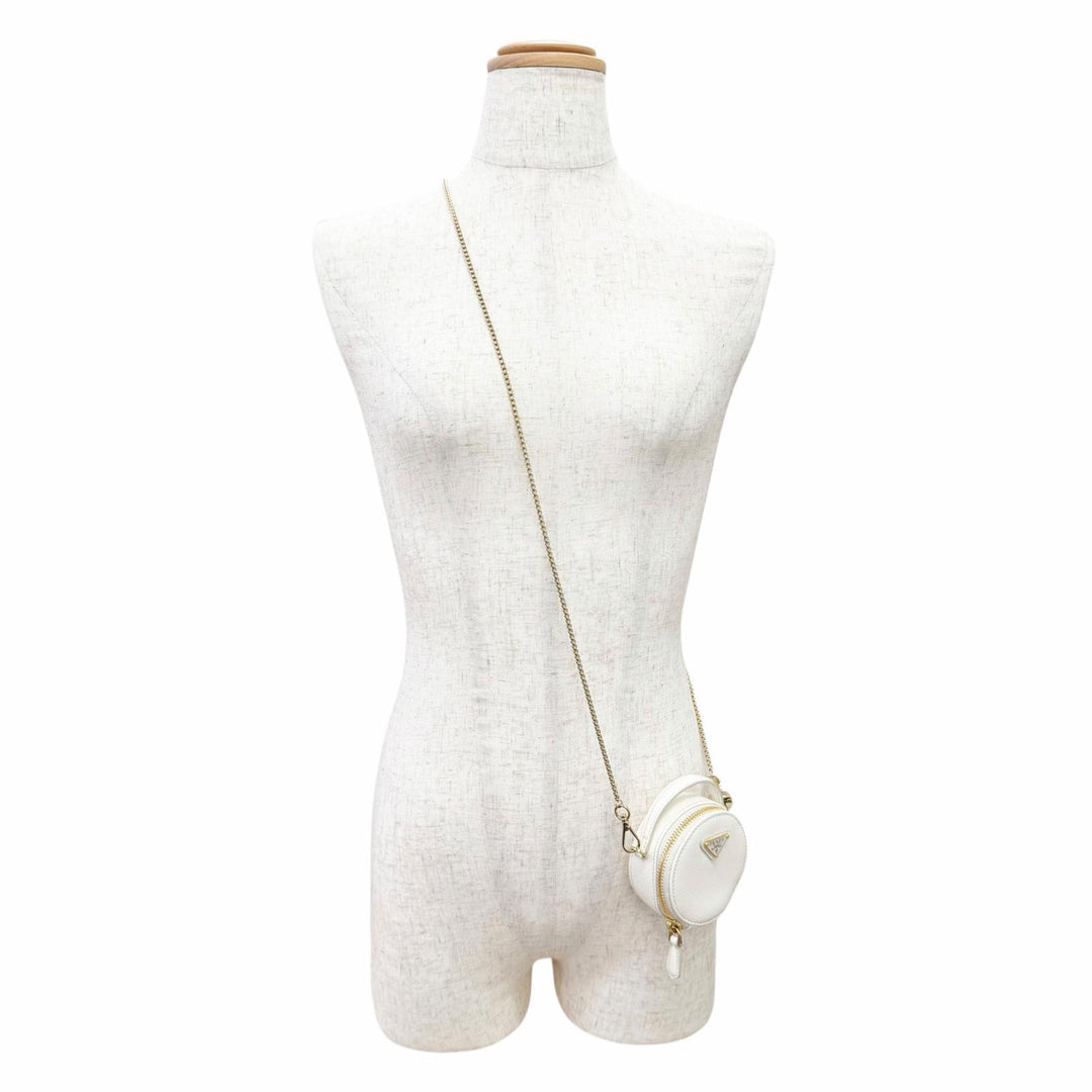 Great PRADA Pouch Triangle Logo Chain Shoulder Mini white Safiano leather 1NR023