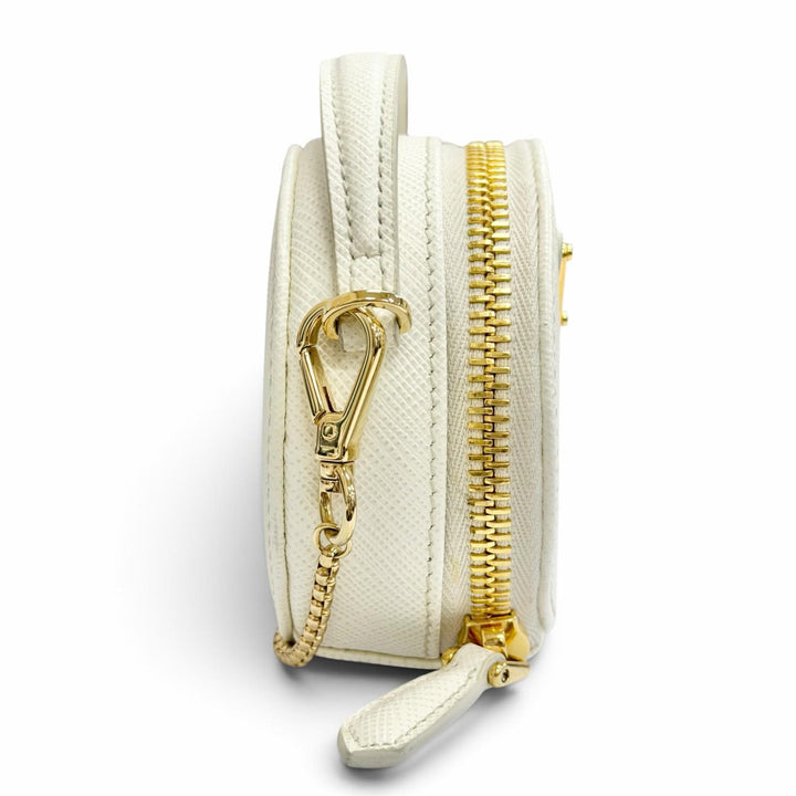 Great PRADA Pouch Triangle Logo Chain Shoulder Mini white Safiano leather 1NR023