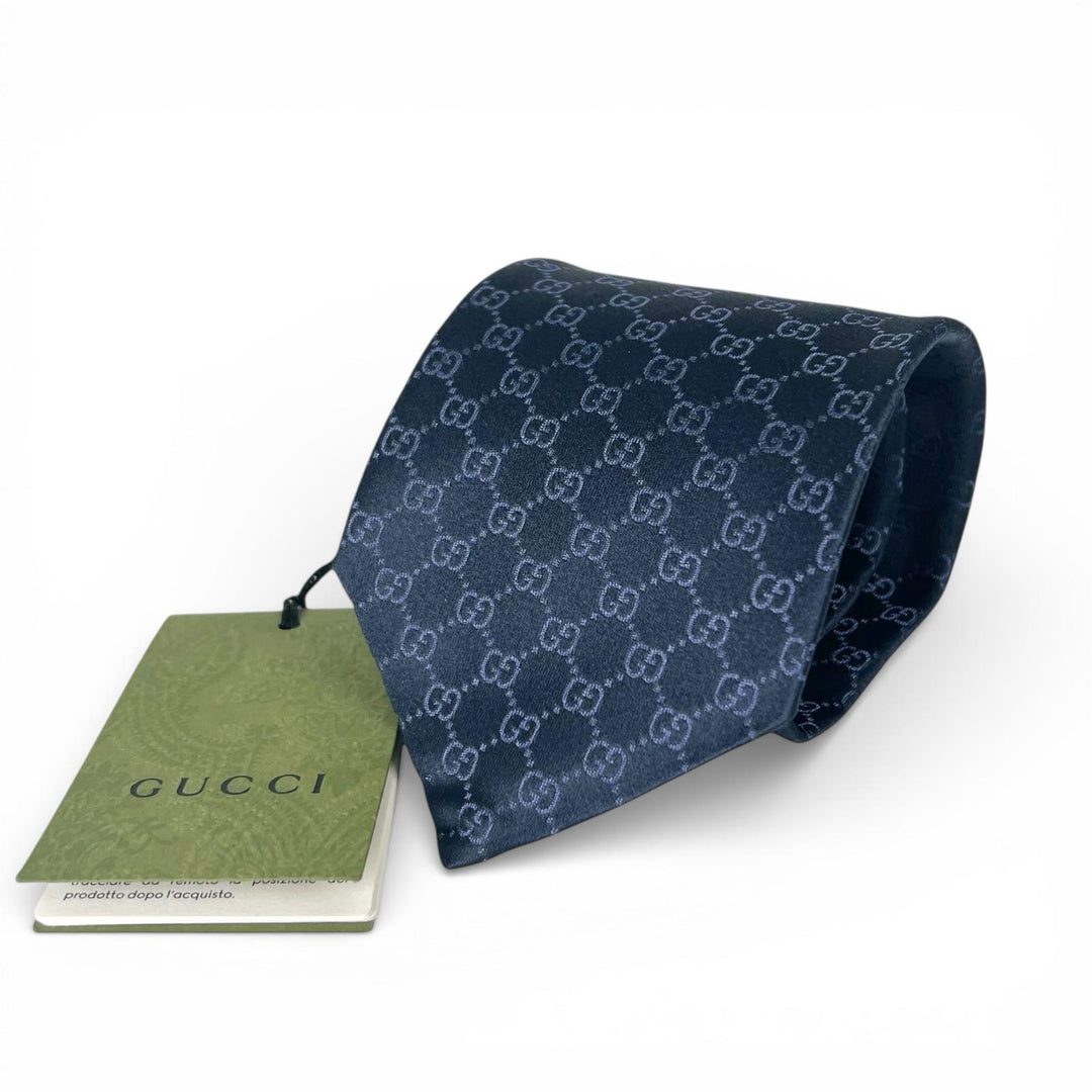 Excellent GUCCI tie TIE FEDRA 8.0 GG pattern Navy silk mens 456520