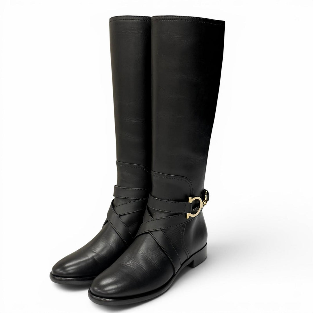 Great Salvatore Ferragamo Knee-high boots Double Gancini Leather black 6.5