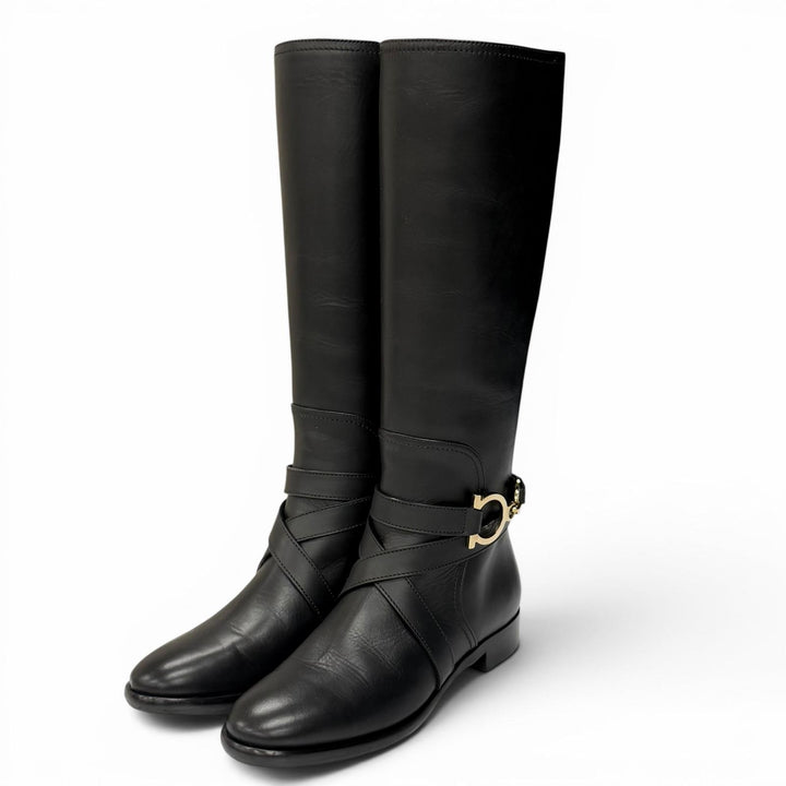 Great Salvatore Ferragamo Knee-high boots Double Gancini Leather black 6.5