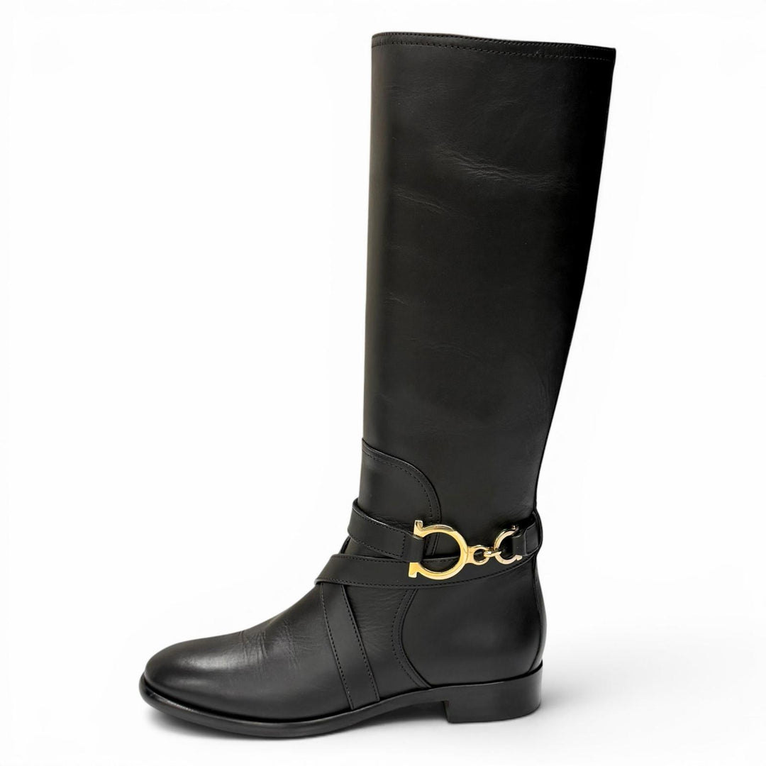Great Salvatore Ferragamo Knee-high boots Double Gancini Leather black 6.5