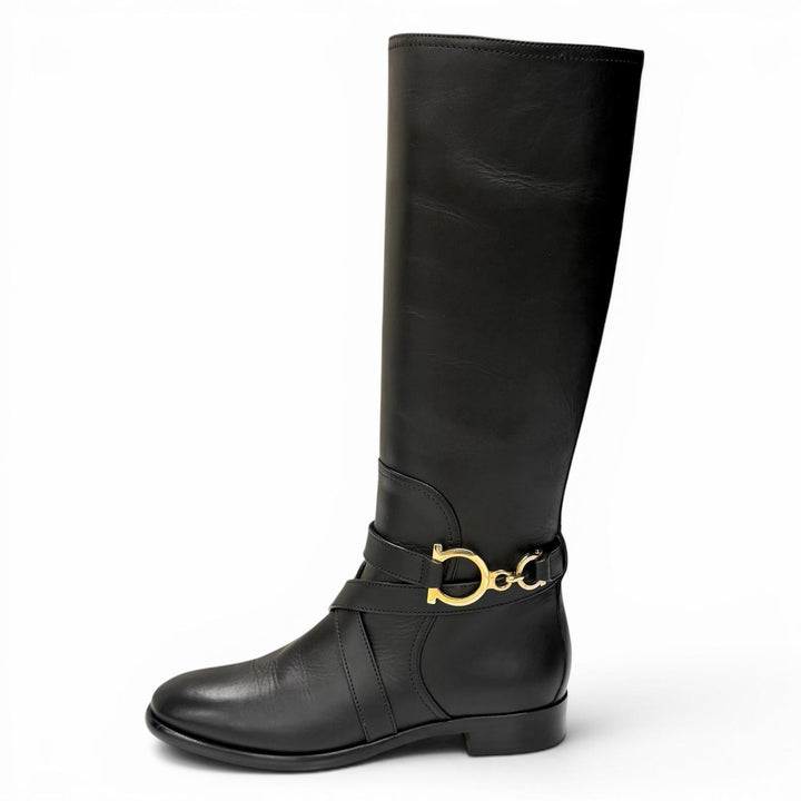 Great Salvatore Ferragamo Knee-high boots Double Gancini Leather black 6.5