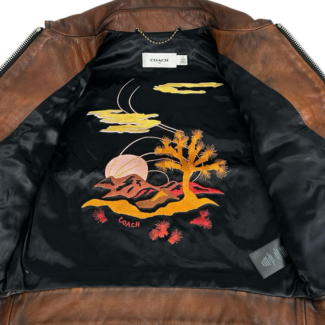 Great COACH Leather jacket Landscape Lining Sukajan Pattern Single Brown 0 26236