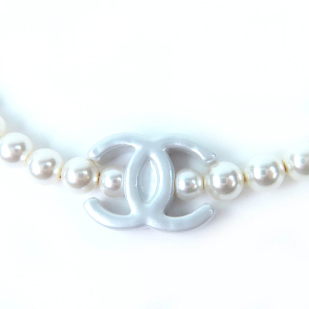 Excellent CHANEL Necklace COCO Mark Faux Pearl Choker white Women B25C ABF105
