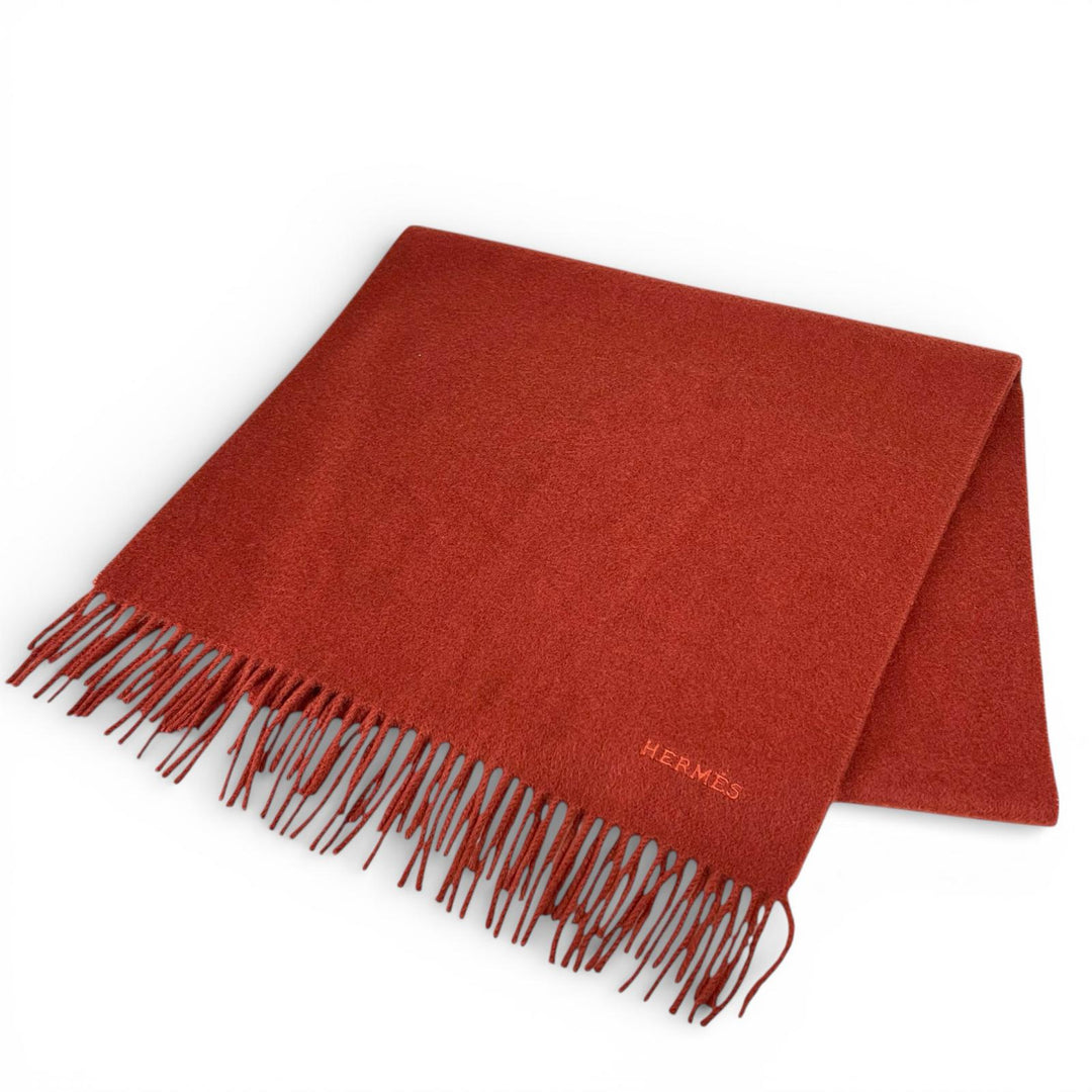Great HERMES Scarf Embroidered logo with fringe Brown cashmere Women
