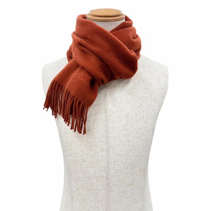 Great HERMES Scarf Embroidered logo with fringe Brown cashmere Women