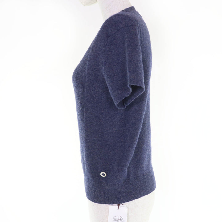 Pristine HERMES Short sleeve knit Circle logo Navy cashmere Women 40 4H2600D1