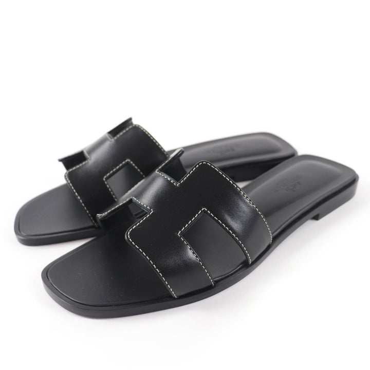 Pristine HERMES Sandals Oran Leather flat black Box scarf Leather Women 35.5