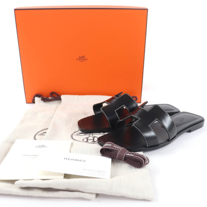 Pristine HERMES Sandals Oran Leather flat black Box scarf Leather Women 35.5