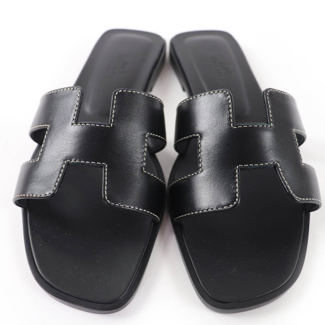 Pristine HERMES Sandals Oran Leather flat black Box scarf Leather Women 35.5
