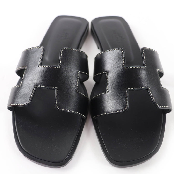 Pristine HERMES Sandals Oran Leather flat black Box scarf Leather Women 35.5
