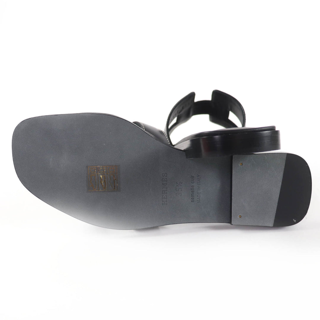Pristine HERMES Sandals Oran Leather flat black Box scarf Leather Women 35.5