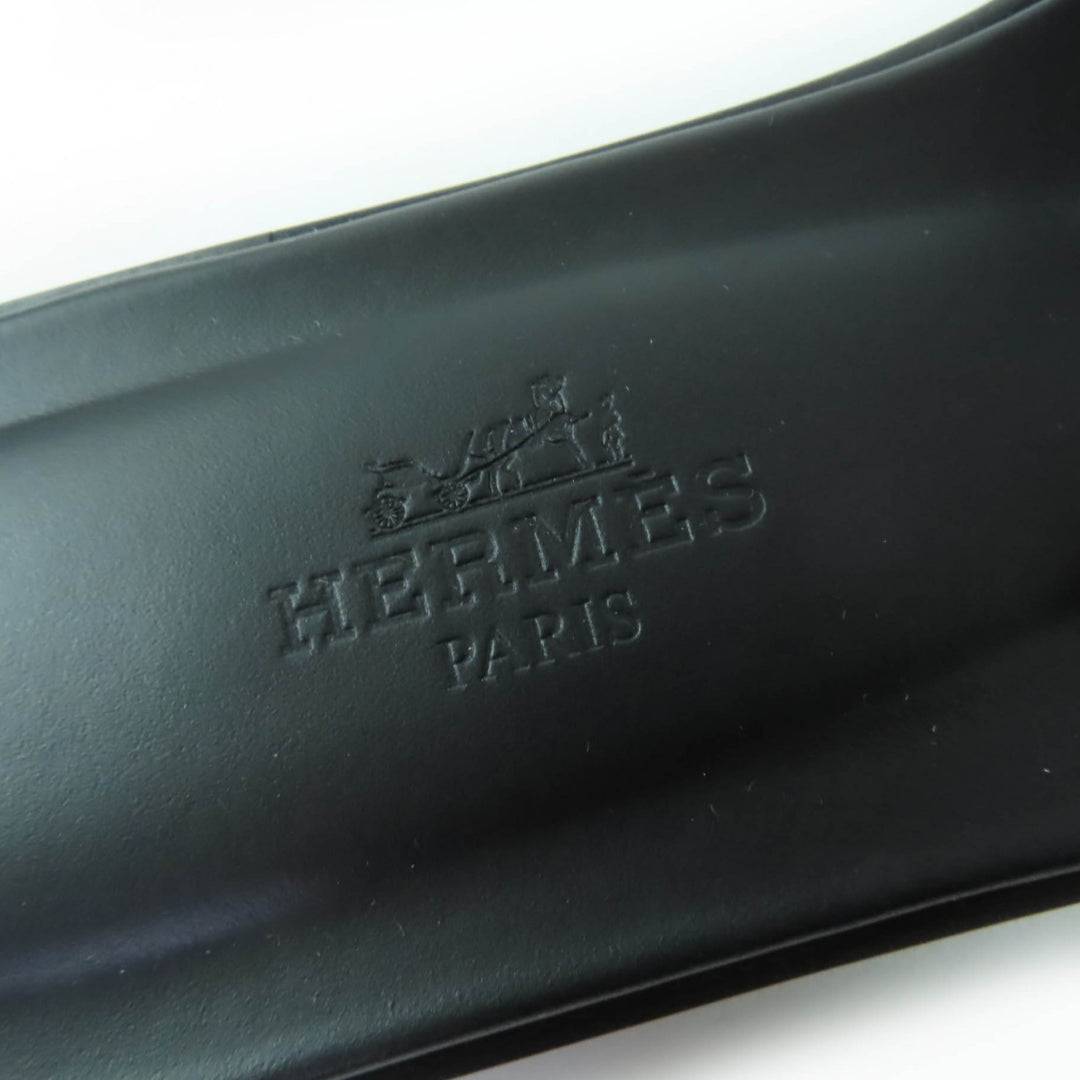 Pristine HERMES Sandals Oran Leather flat black Box scarf Leather Women 35.5
