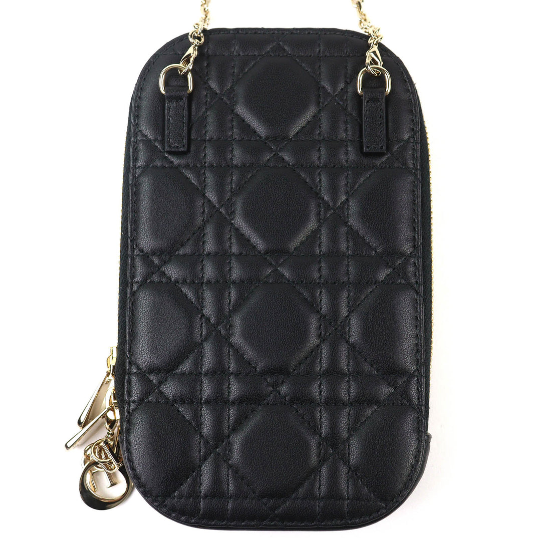 Excellent Christian Dior Lady Dior Cannage Phone Pouch black lambskin S0872ONMJ