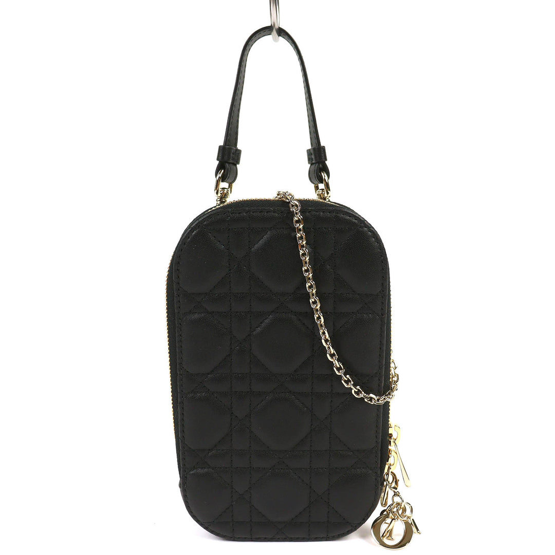 Excellent Christian Dior Lady Dior Cannage Phone Pouch black lambskin S0872ONMJ