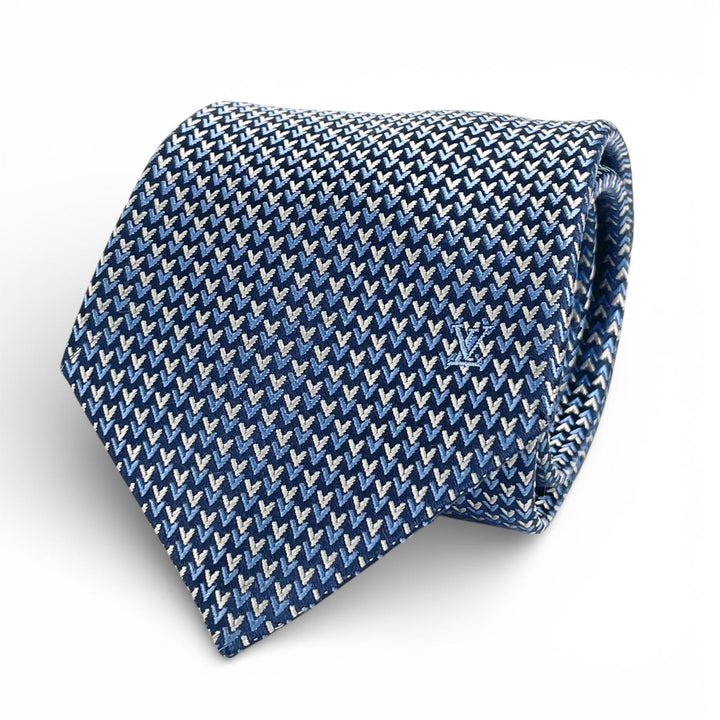 Excellent LOUIS VUITTON tie LV embroidery blue silk mens M71695