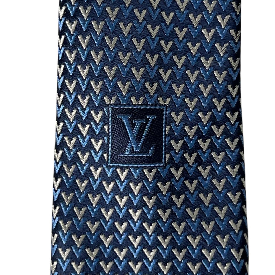 Excellent LOUIS VUITTON tie LV embroidery blue silk mens M71695