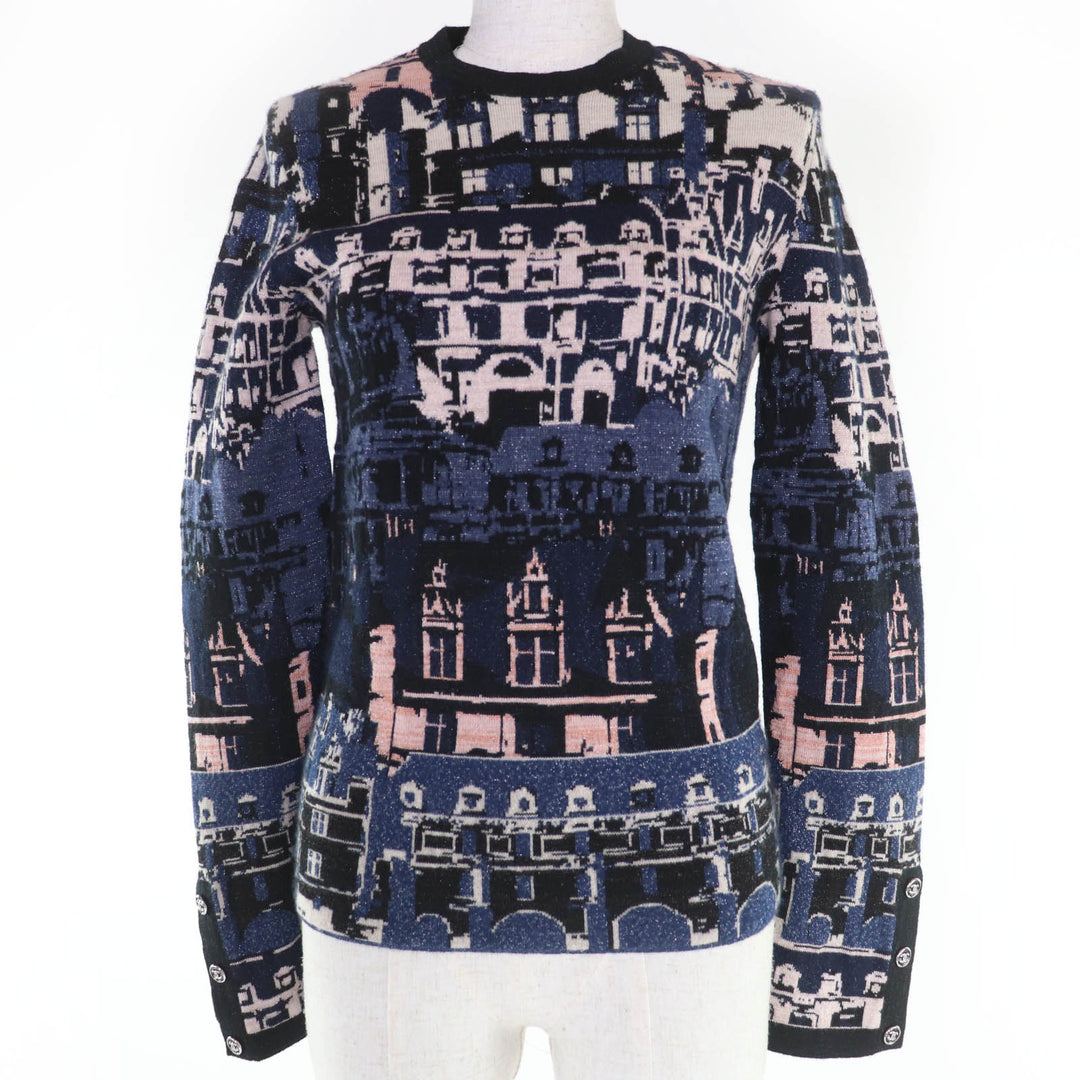 Excellent CHANEL knit COCO Button Jacquard Blue cashmere 36 21A P71031K10156