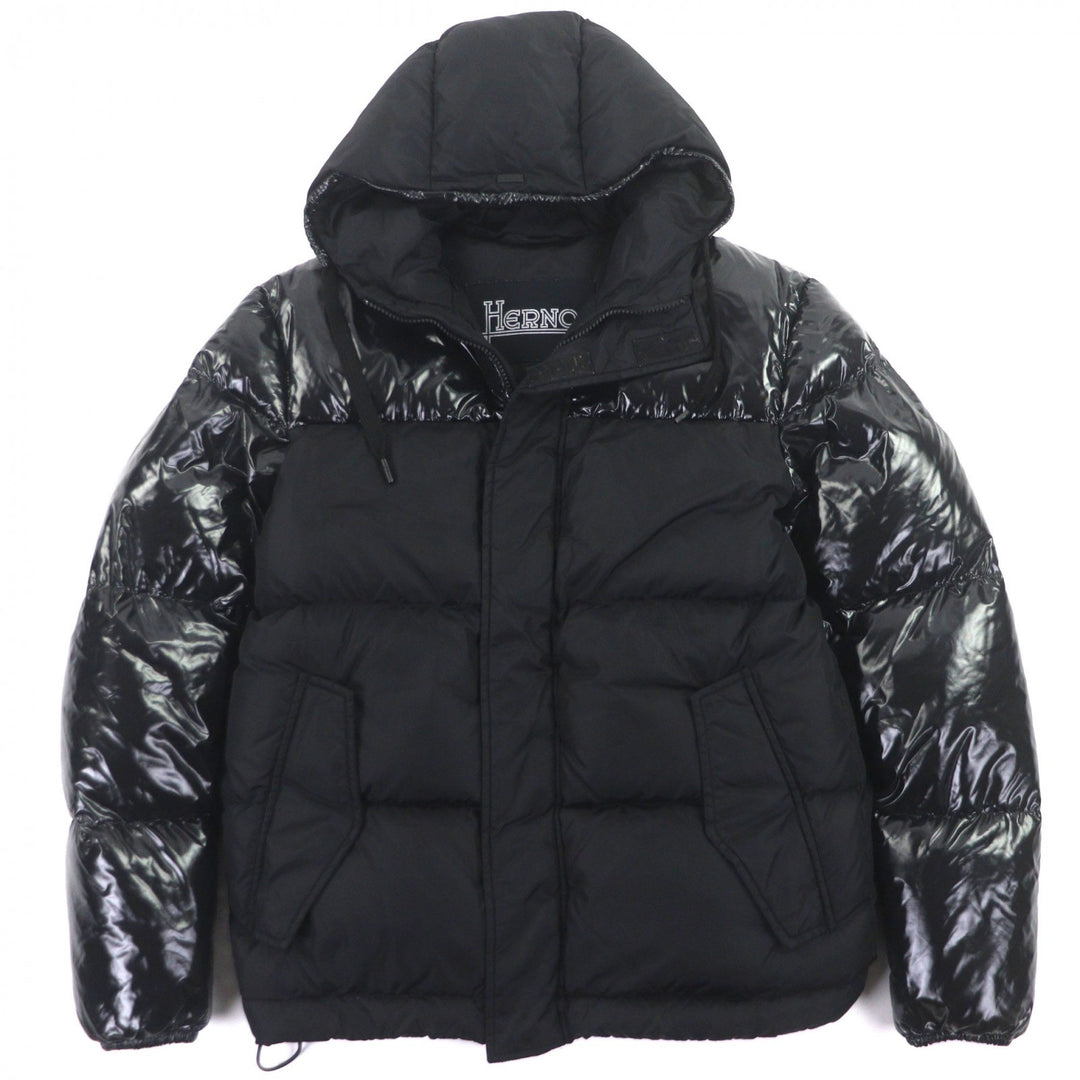 Excellent Herno Down jacket Hooded double zip-up black Nylon mens 46