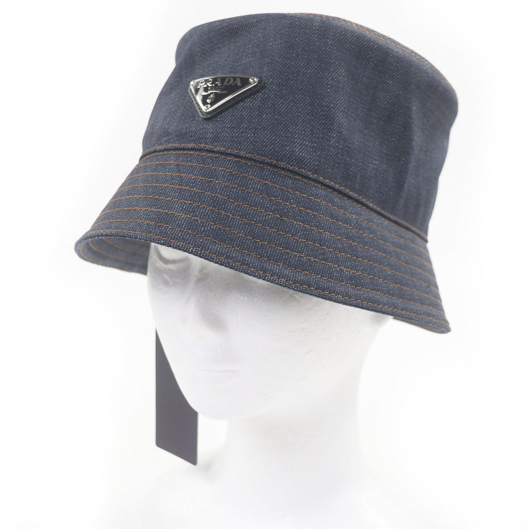 Pristine PRADA hat Triangle logo triangular plate denim bucket Indigo blue