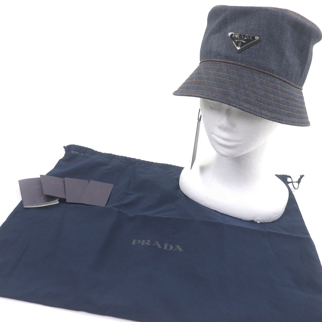 Pristine PRADA hat Triangle logo triangular plate denim bucket Indigo blue