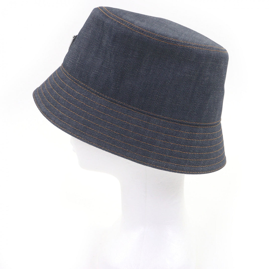 Pristine PRADA hat Triangle logo triangular plate denim bucket Indigo blue