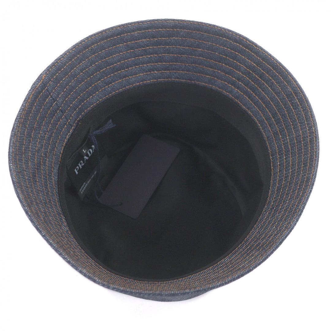 Pristine PRADA hat Triangle logo triangular plate denim bucket Indigo blue