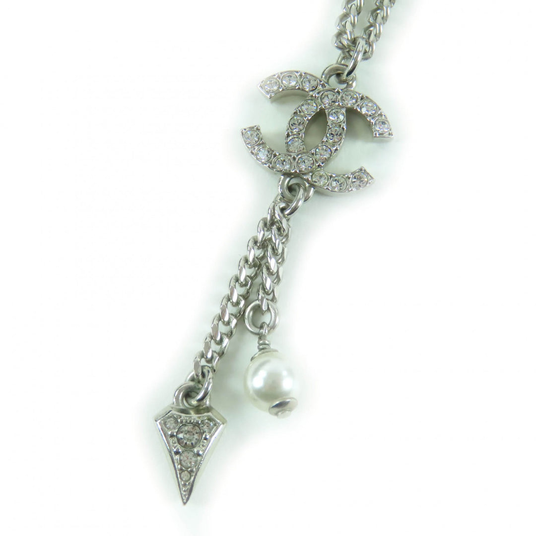 Great CHANEL Necklace COCO Mark Rhinestone Fake Pearl Silver Women F25C