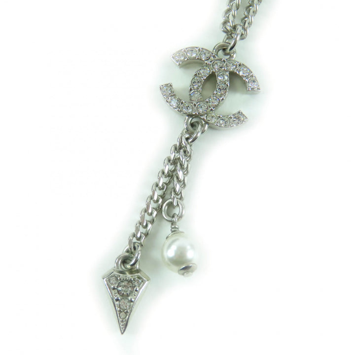 Great CHANEL Necklace COCO Mark Rhinestone Fake Pearl Silver Women F25C