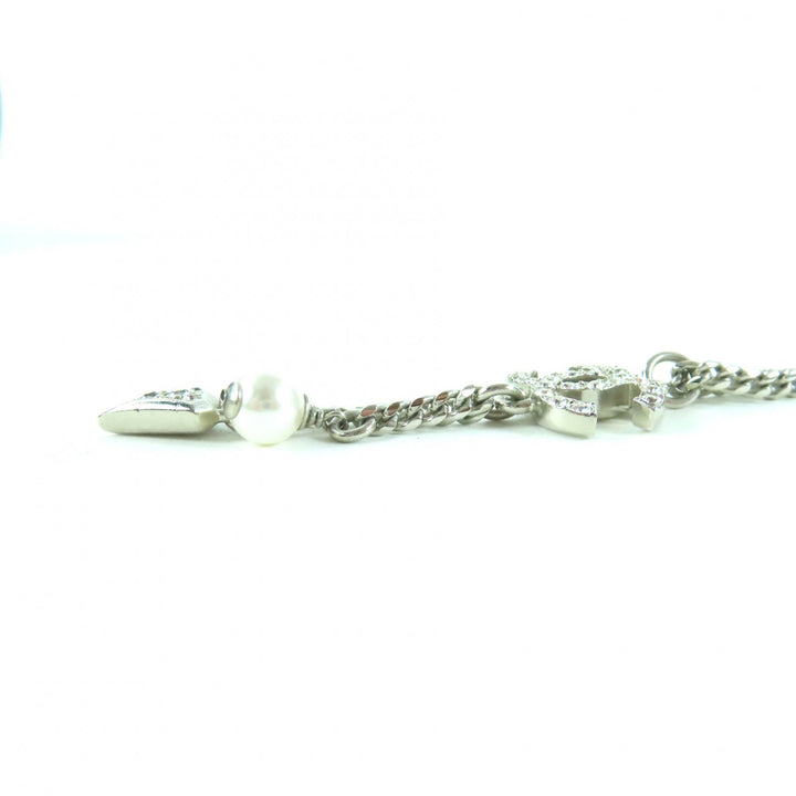 Great CHANEL Necklace COCO Mark Rhinestone Fake Pearl Silver Women F25C