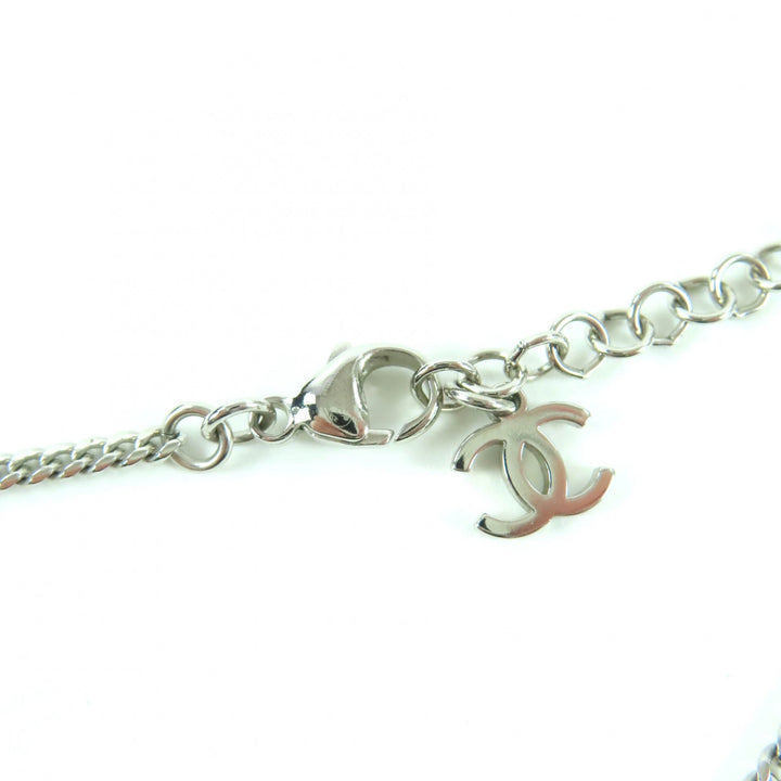 Great CHANEL Necklace COCO Mark Rhinestone Fake Pearl Silver Women F25C